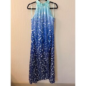 Vineyard Vines Monstera Silk Blend Maxi‎ Dress Halter Neck Sleeveless Blue Sz 4